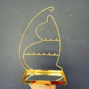 Jewelry holder, cat, with mirror base tray, gold color metal
